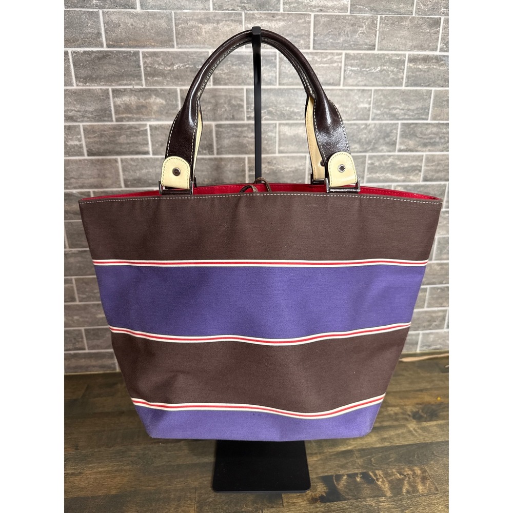 Kate Spade New York Striped Canvas Tote Bag Brown Purple Leather Trim Large - Picture 4 of 12